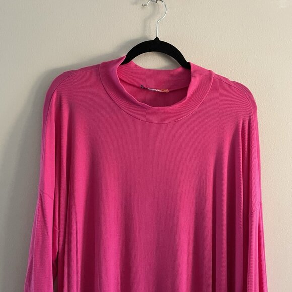 Freckled Poppy Women 2X Pink Ribbed Bell Sleeves Mock Neck Side Slits Midi Dress - Picture 4 of 9